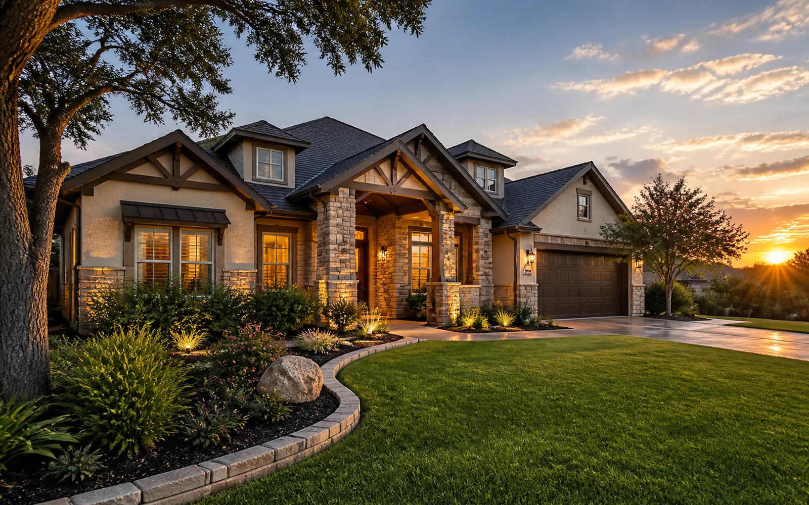 Well cared for San Antonio home exterior at sunset